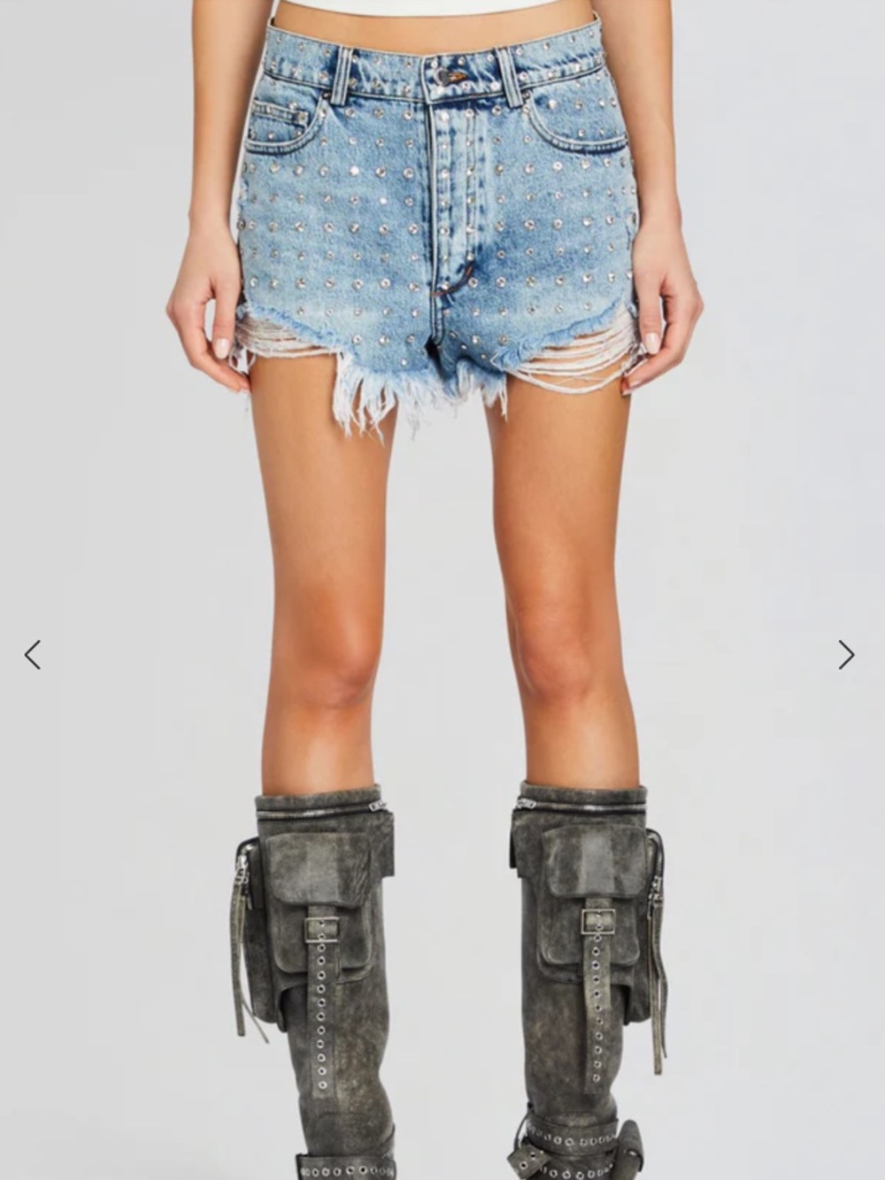 RETROFETE ANGEL EMBELLISHED DENIM SHORT Studded Distressed Denim - Blue. Size 28 - Picture 2 of 15